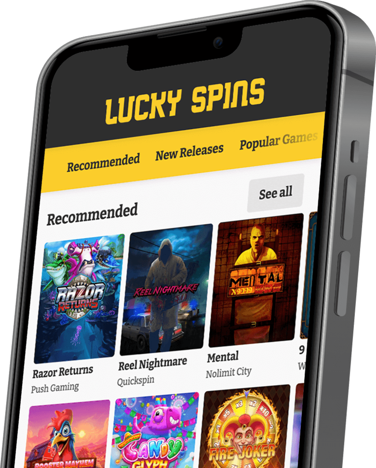 Lucky Spin mobile app lobby on a smartphone showing recommended slot games