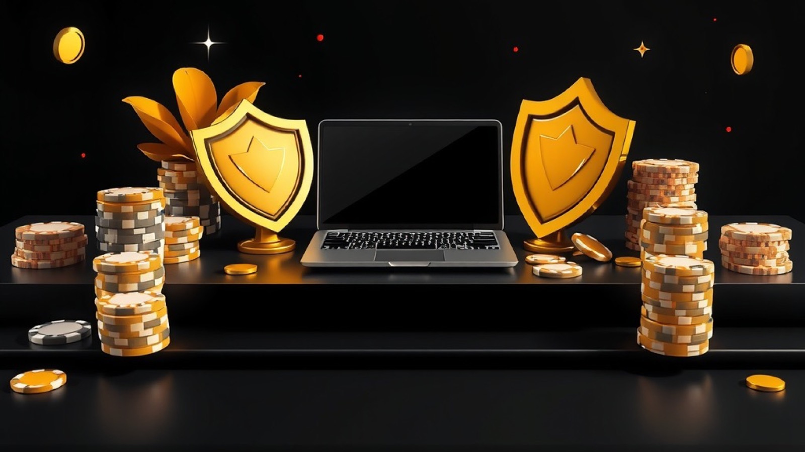 Lucky Spin editorial desk with a golden shield, casino chips and a laptop
