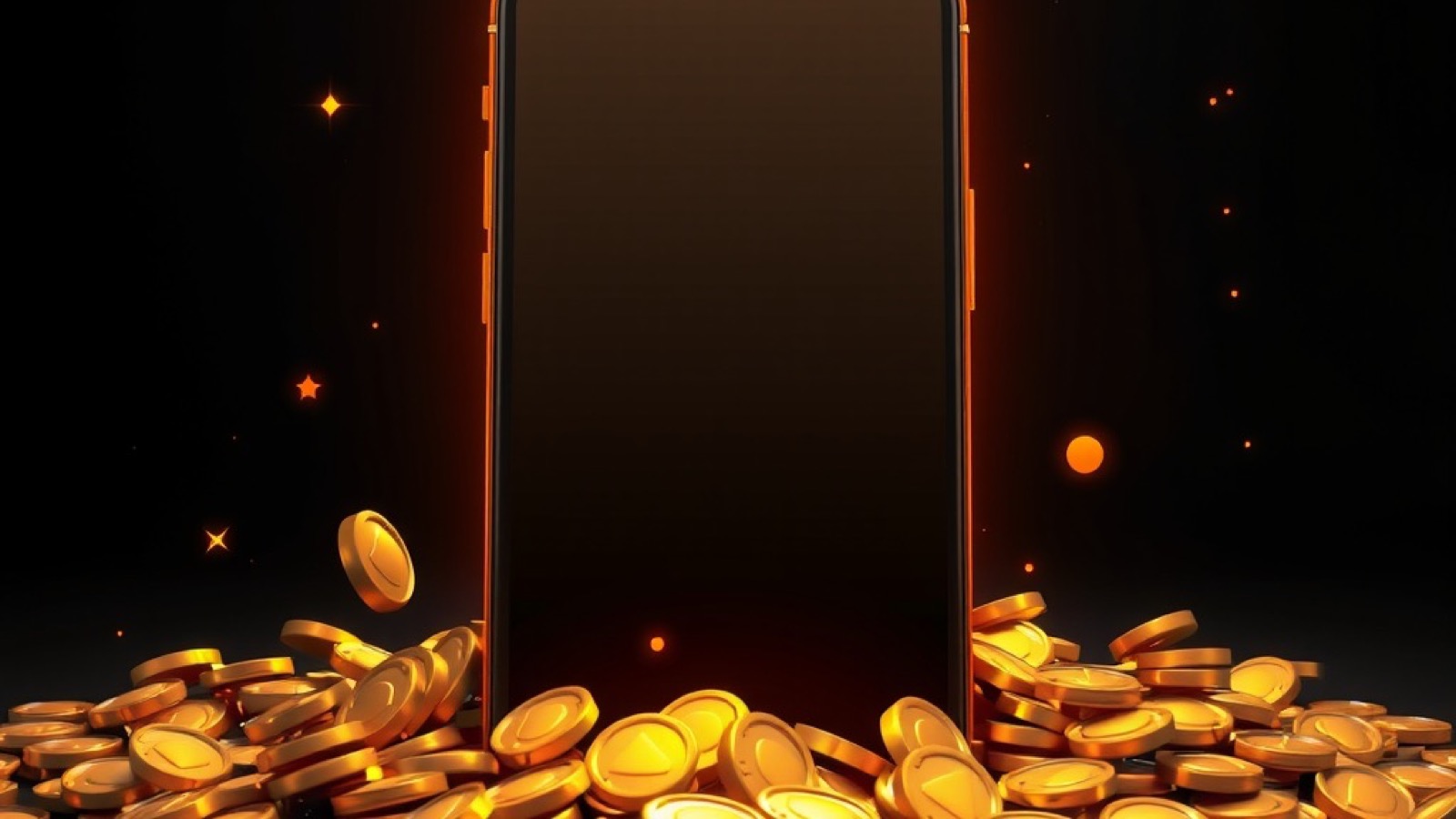 Lucky Spin mobile app with a smartphone with a glowing blank screen rising from a pile of gold coins