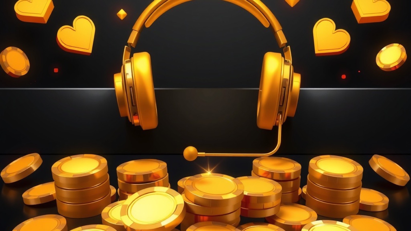 Lucky Spin player support with a golden headset and glowing chat bubble shapes beside poker chips