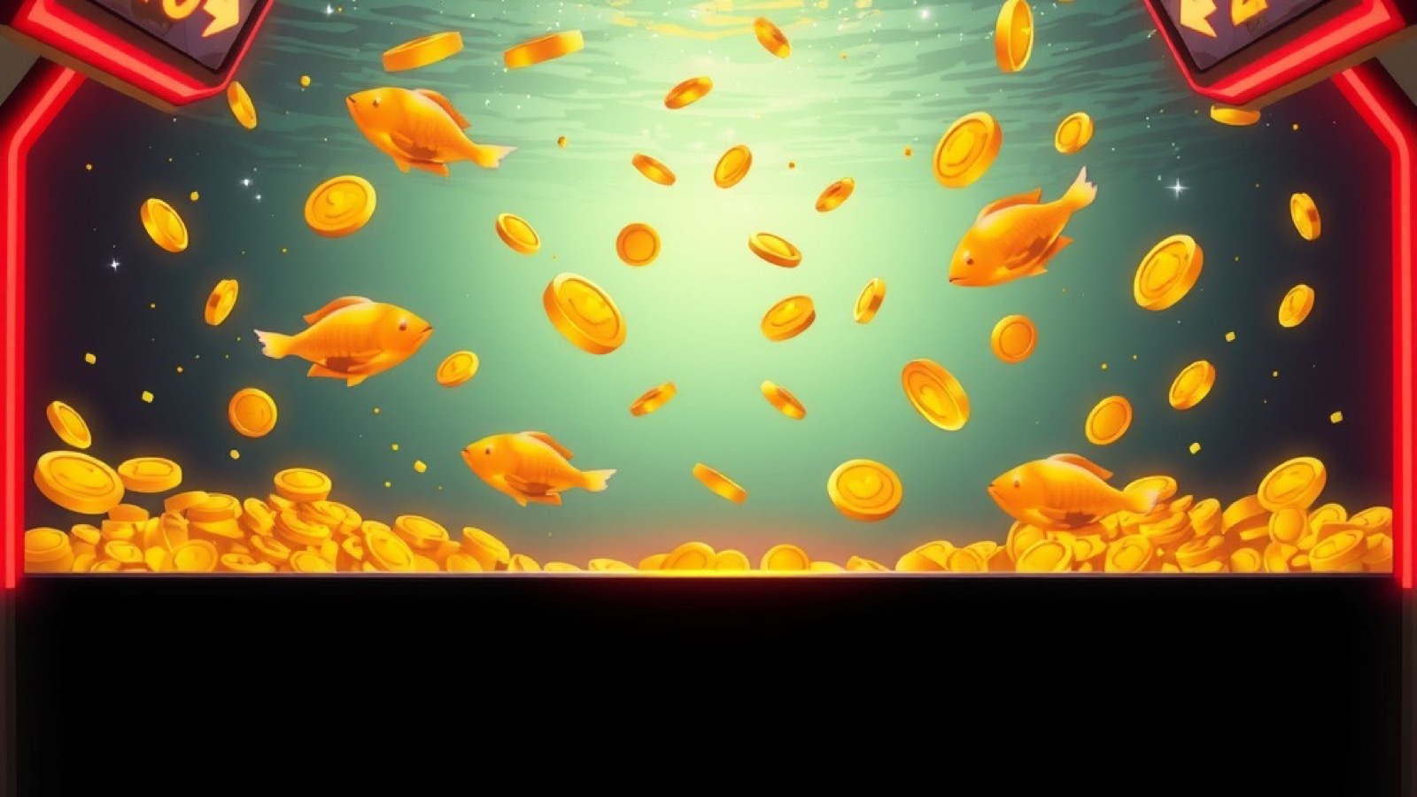 Lucky Spin fishing games with an underwater arcade scene with glowing golden fish and coins drifting