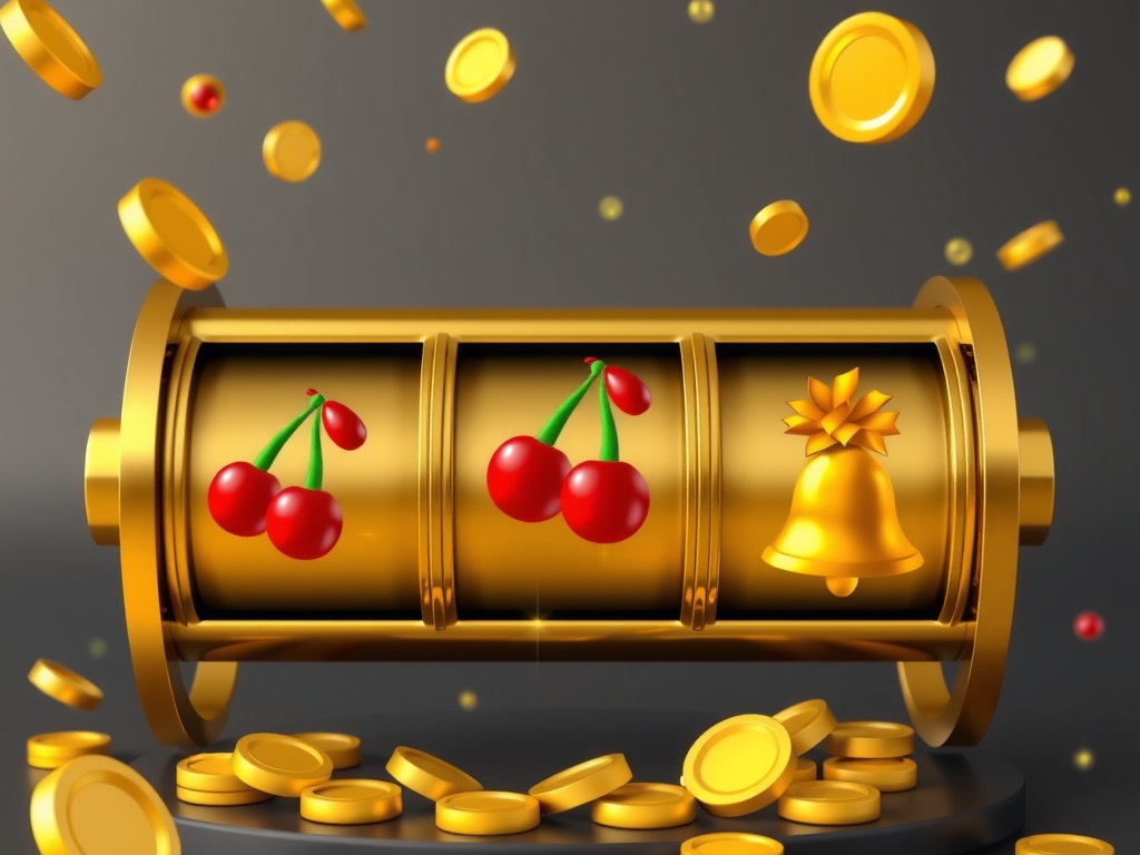 Three glossy slot reels with cherries, bells and lucky sevens bursting with gold coins