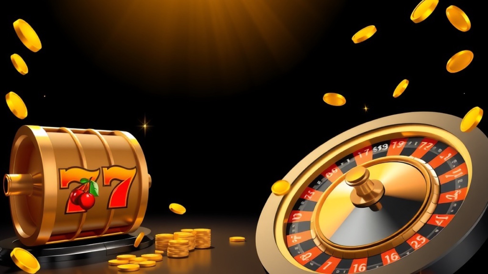 Lucky Spin casino floor with a golden slot machine, roulette wheel and chip stacks under a yellow glow