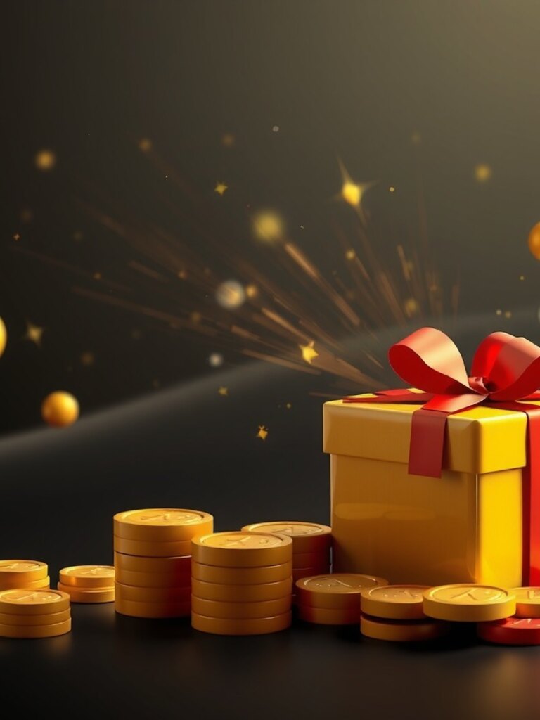 Tall stack of gold coins beside a yellow gift box tied with a red ribbon