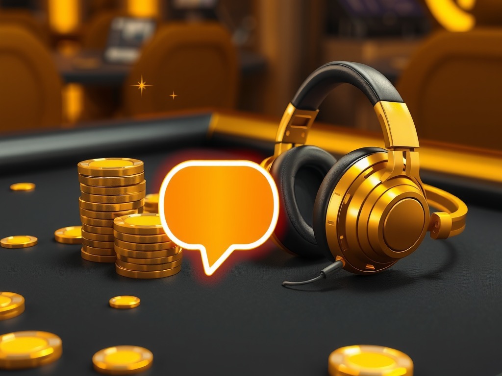 Golden headset resting on a dark casino table beside chip stacks and a glowing chat bubble
