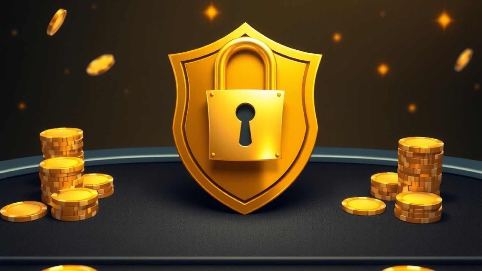 Lucky Spin safety review with a golden shield and padlock resting on a dark gaming table with chip stacks