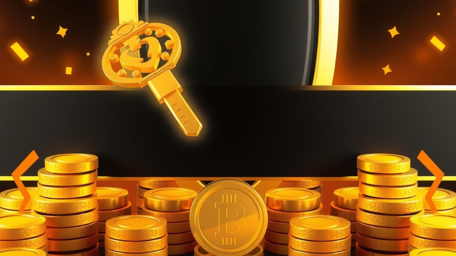 Lucky Spin account access with a golden key crossed with a glowing shield above stacked gold coins