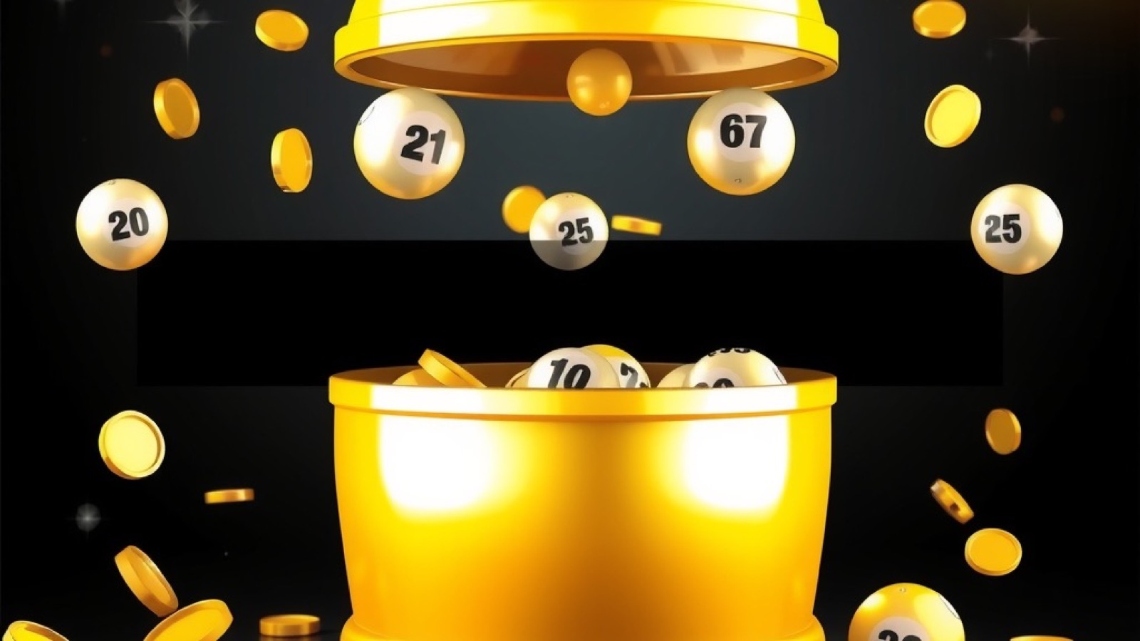 Lucky Spin lottery draws with glossy lottery balls tumbling out of a golden draw drum